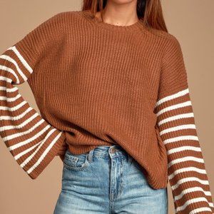 Lulu's Feeling Great Rust Brown Striped Bell Sleeve Sweater